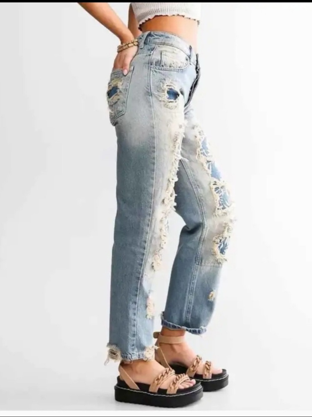 Free People Desert Rose Floral Patchwork Distressed Straight Leg Jeans - Picture 3 of 8